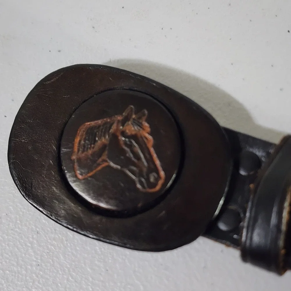 Vintage Western Tooled Leather Eagle Belt Horse Buckle Black Tan Mens 38 6279